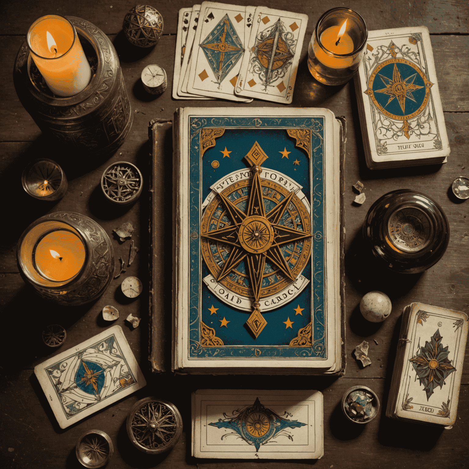 Antik tarot kartları, eski kitaplar ve mistik semboller içeren bir natürmort kompozisyon